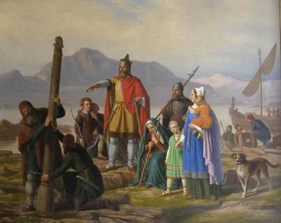 Ingolf tager Island i besiddelse dated 1850 Ingolfur Arnarson by Johan Peter Raadsig 1806-1882.jpg